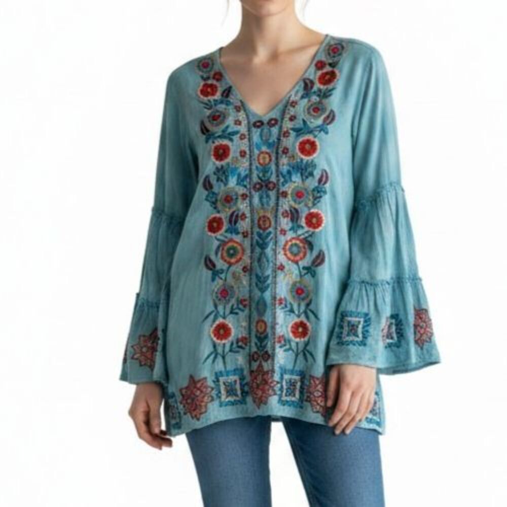 Scully Embroidered Floral Tunic Top Women XS Blue V-neck Bell Long Sleeves